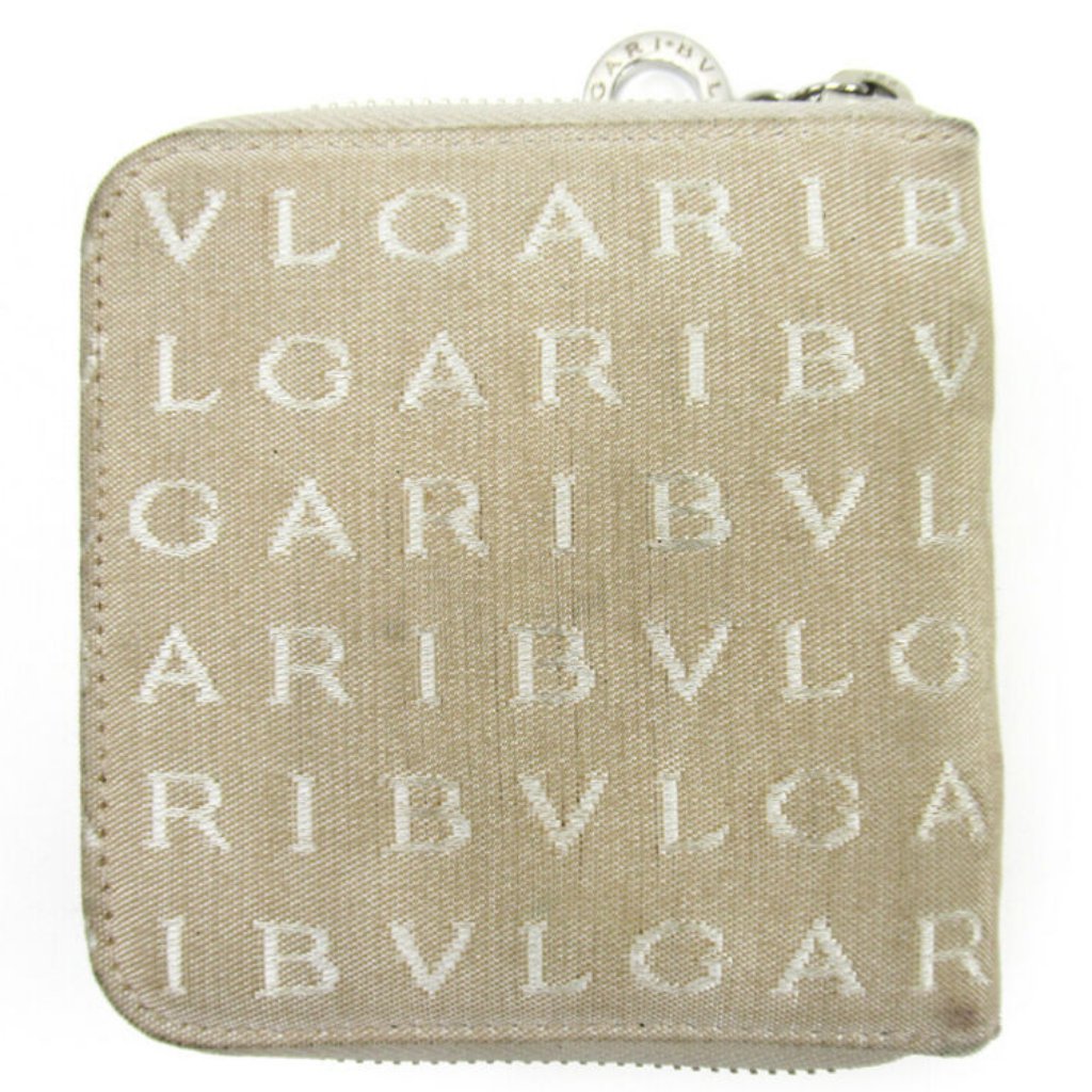 Bvlgari Two-Fold Wallet Logo Mania Beige Canvas ~ Leather Authentic Used